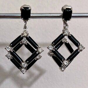 vintage silver-tone black enamel rhinestone clip earrings